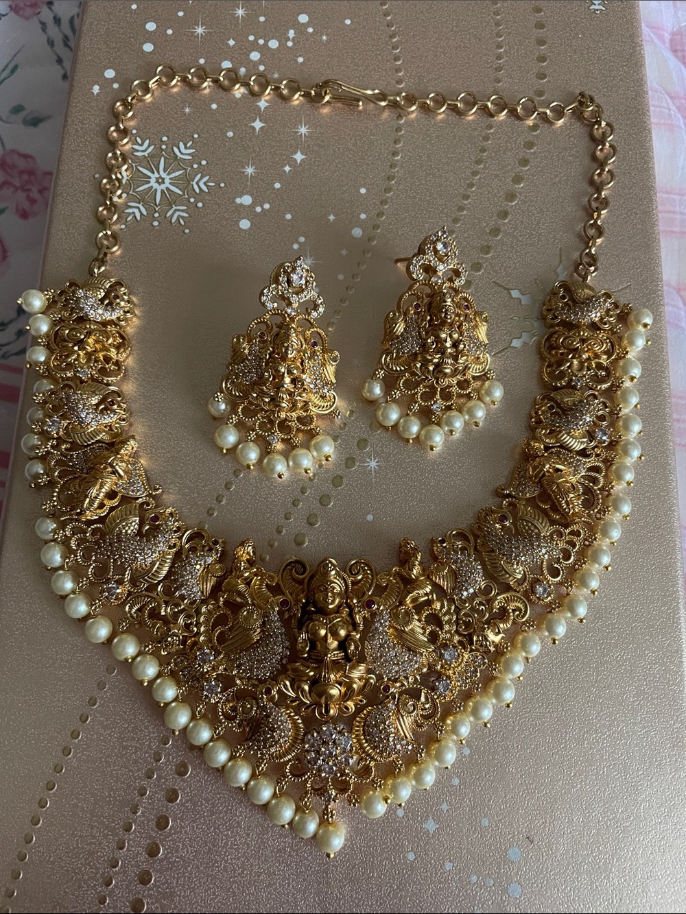Gold Temple-Style Necklace Set with Pearls - Women Jewelry